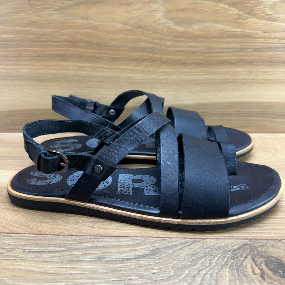 Sorel Ella Criss Cross Sandals Womens 8 Black Leather Slingback Flats